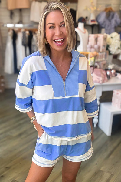 Women's Sky Blue Striped Half-Zip Tee and Shorts Set