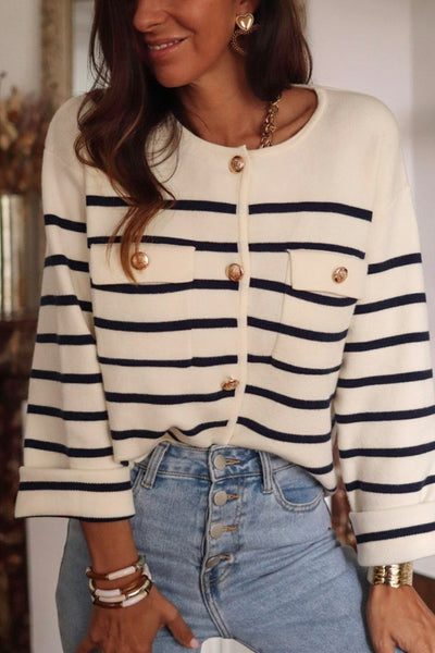 Stylish Women's Black Striped Cardigan Sweater with Flap Pockets and Button Closure for Effortless Layering