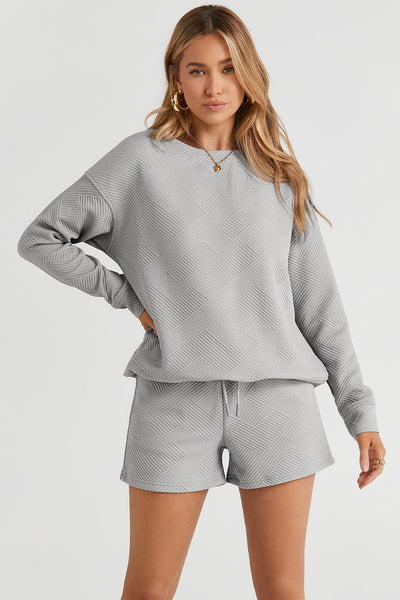 Cozy Women's Gray Textured Long Sleeve Top and Drawstring Shorts Set Effortless Casual Lounge Wear for Chic Comfort
