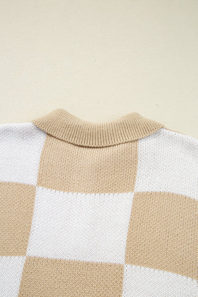 Women's Stylish Light Beige Checkered Polo Sweater - Loose Fit Knit for Effortless Casual Chic Comfort