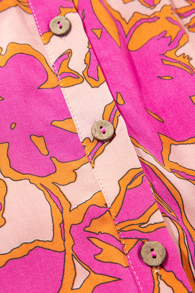 Women's Pink Floral 100% Viscose Batwing Sleeve Button-Up