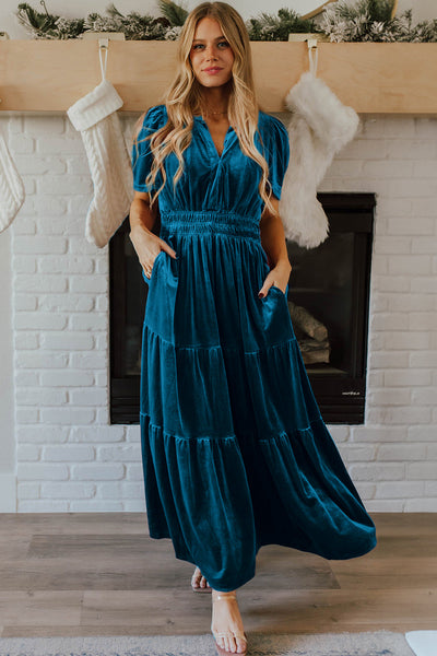 Elegant Deep Blue Velvet T-Shirt Dress for Women, Casual Short Sleeve Fit for Effortless Everyday Style