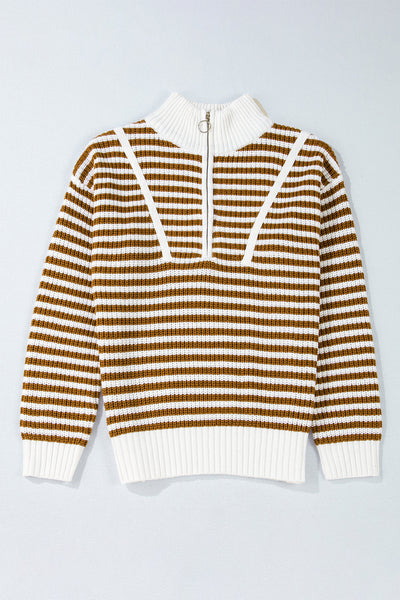Cozy Women's Khaki Stripe Zip-Up Sweater with Drop Shoulder for Effortless Casual Chic