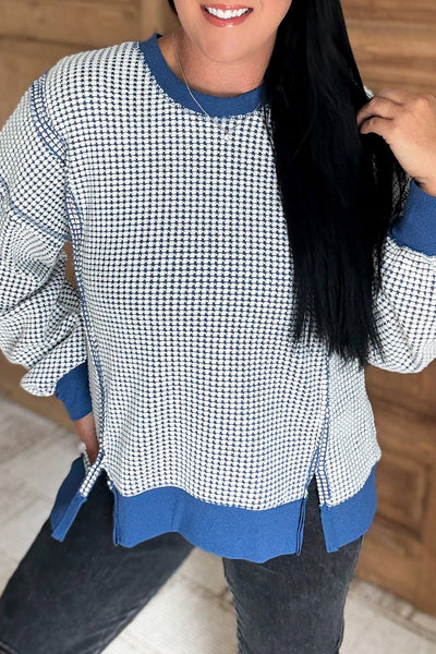 Plus Size Women's Blue Textured Knit Sweatshirt with Round Neck & Drop Shoulder Cozy Casual Chic for Everyday Wear
