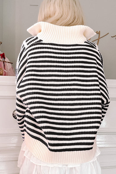 Chic Women's Black Stripe Zip-Up Sweater with Drop Shoulders - Cozy Casual Layering for Every Occasion