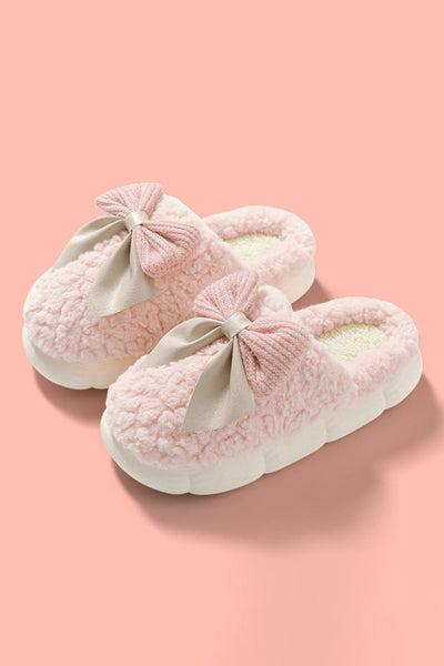 Cozy Pink Plush Winter Slippers for Women with Contrast Bowknot Applique - Stylish and Comfortable Indoor Footwear