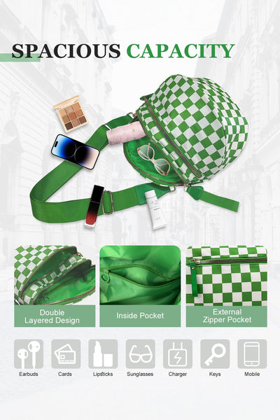 Women's Green Checkered Nylon Crossbody Bag with Wide Strap