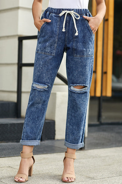 High Waist Raw Hem Ripped Skinny Casual Denim Jeans