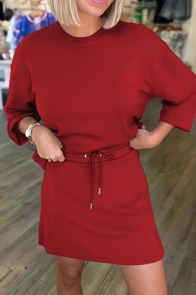 Chic Women's Racing Red Drop Shoulder Pullover & Drawstring Mini Skirt Set - Trendy 2-Piece Outfit for Stylish Looks