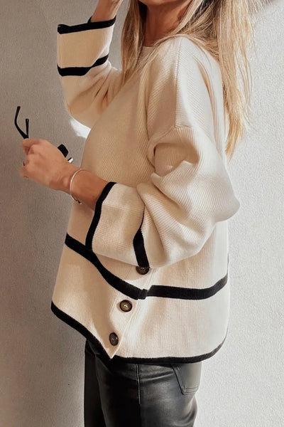 Beige Ribbed Knit Sweater for Women with Contrasting Stripes and Button Side Detail - Loose Fit, Cozy Style