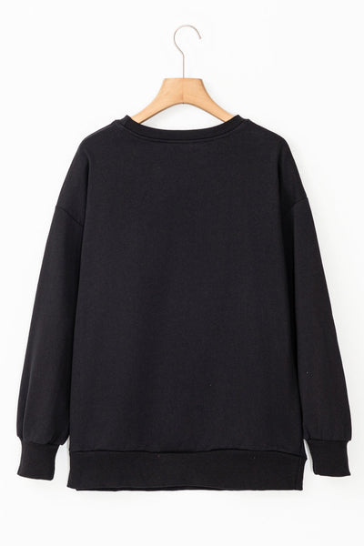 Stylish Women's Black Graphic Sweatshirt with Drop Shoulders for Game Day Comfort and Trendy Casual Wear