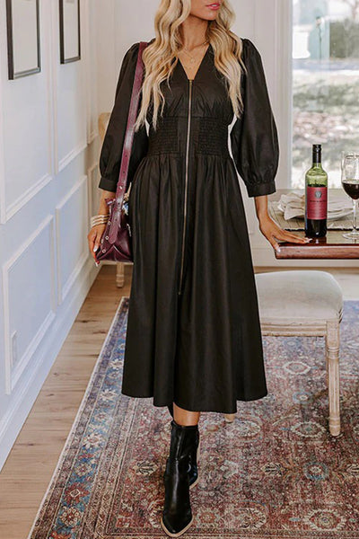 Chic Women's Black Fit and Flare Midi Dress with Smocked Waist and Zipped Front, Perfect for Any Occasion