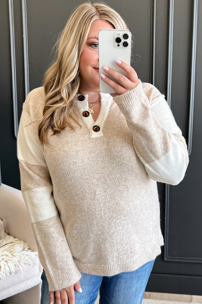 Plus Size Women's Stylish Color Block Sweater in Parchment with Buttoned Notched Neck and Trendy Long Sleeves