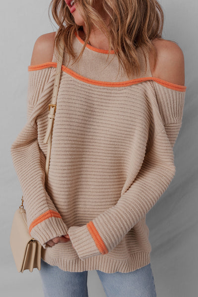 Cozy Women's Parchment Cold Shoulder Sweater with Contrast Trim & Patchwork Design - Relaxed Fit Knit Top