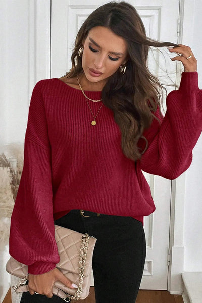 Cozy Women's Red Ribbed Knit Sweater with Contrast Ribbon Knot & Drop Shoulder Trendy Fall Fashion Essential