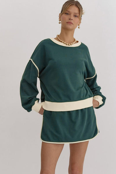 Chic Women's Evergreen Color Block Pullover & Lace-Up Waist Skort Set - Casual, Comfortable Everyday Outfit