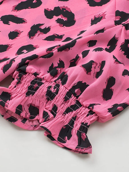 Pink Leopard Notch Neck Bubble Sleeve Top