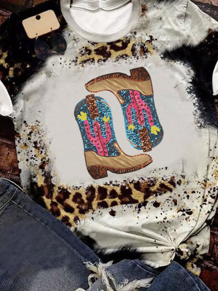 Leopard Cowboy Boots Graphic T Shirt with Sequin Cactus Detail