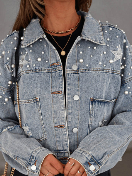 Starry Night Blue Pearl Embellished Cropped Denim Shacket
