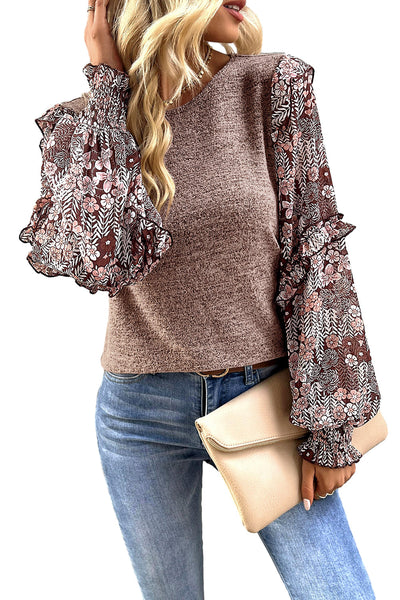 women's pale chestnut floral ruffle sleeve blouse - chic crew neck top for effortless everyday style and comfort made for easy styling and wardrobe