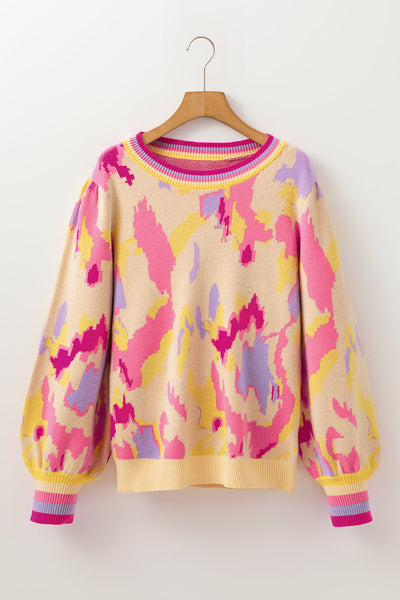 Cozy Women's Khaki Colorblock Balloon Sleeve Sweater with Abstract Print - Trendy Knit Top for Stylish Fall Outfits