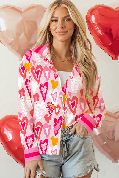 Casual Chic Women's Pink Heart Print Loose-Fit Shirt with Striped Trim - Perfect Everyday Top for Effortless Style