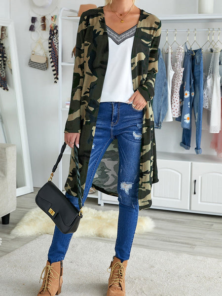 Women's Green Camo Print V-Neck Cardigan in Cardigans