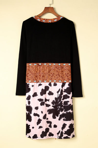 Chic Women's Black Cow Print Patchwork Cardigan - Cozy Open Front Layer for Trendy Western Style Outfits