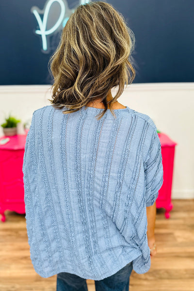women's soft blue lacy striped dolman blouse with 3/4 sleeves chic and comfortable for effortless everyday style made for easy styling and wardrobe