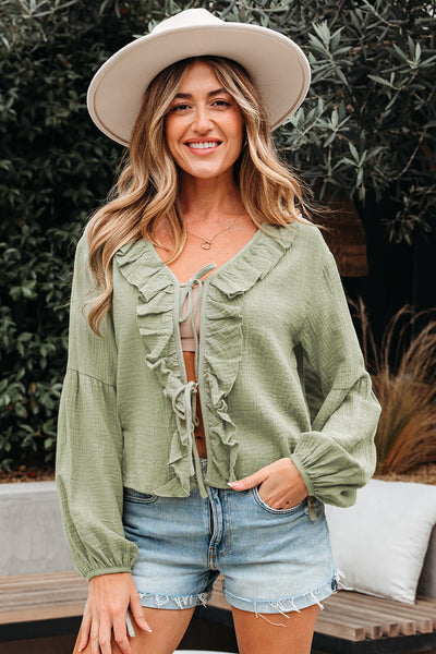 Elegant Women's Soft Pastel Ruffle Trim Blouse - Flowy Fit for Casual Chic Style and All-Day Comfort