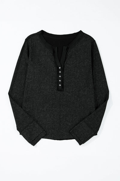 Chic Women's Black Acid Wash Waffle Knit Long Sleeve Top with Buttoned Neckline for Effortless Casual Style