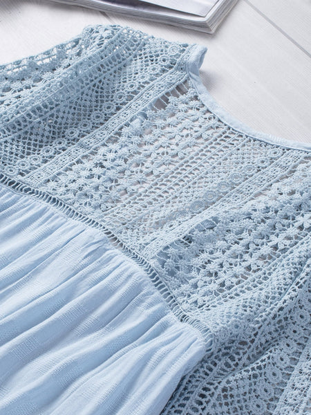 Whimsical Sky Blue Crochet Bell Sleeve Blouse