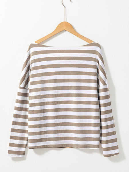 Khaki Boat Neck Striped Long Sleeve Top