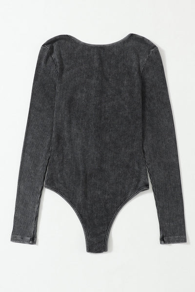 Vintage Black Ribbed Snap Button Bodysuit with Mineral Wash Hue