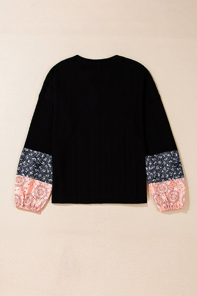 Chic Women's Black Floral Patchwork Knit Blouse - Textured V-Neck with Adjustable Drawstring for a Flattering Silhouette