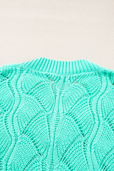 Mint Green Women's V-Neck Hollow Out Knit Sweater with Drop Shoulders - Stylish and Comfortable Knitwear for Spring