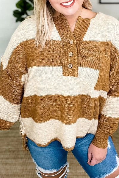 Plus Size Women's Khaki Striped Henley Sweater with Raw Seams, Drop Shoulders, and Stylish Chest Pocket