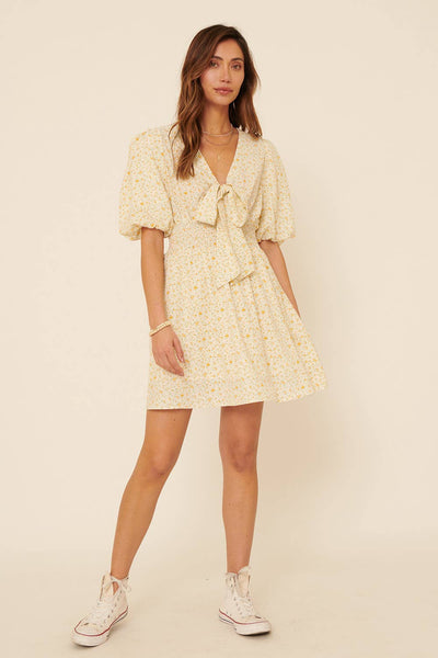 Floral V Neck Tie Puff Sleeve Smock Mini Dress