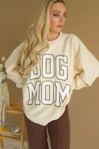 Beige Oversized Sweatshirt for Dog Moms - Cozy Casual with Ribbed Texture and Trendy Letter Print for Ultimate Comfort