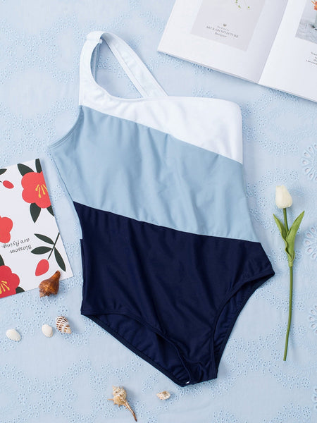 Sky Blue Color Block One Shoulder Backless Swimsuit for Women