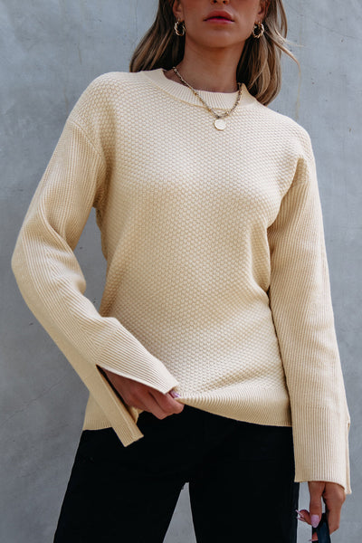 Women's Parchment Waffle Knit Sweater with Split Cuffs and Drop Shoulders with practical styling and dependable silhouette control.
