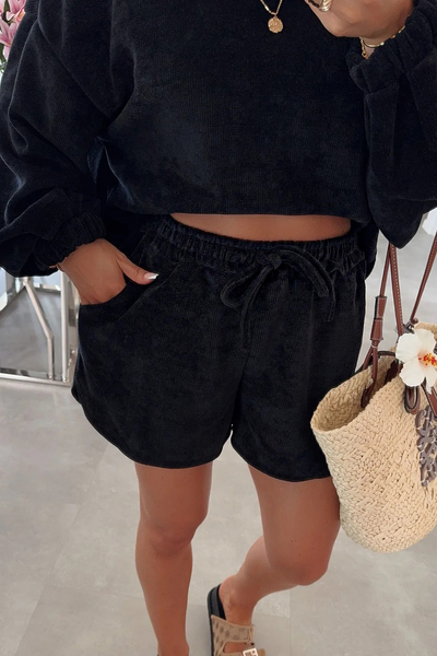 Women's Black Textured Knit Pullover & Drawstring Shorts Set - Casual Stylish Loungewear for Effortless Comfort
