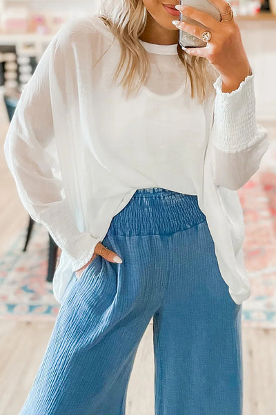 Women's Semi-Sheer Smocked Cuff White Blouse with Dolman Sleeves