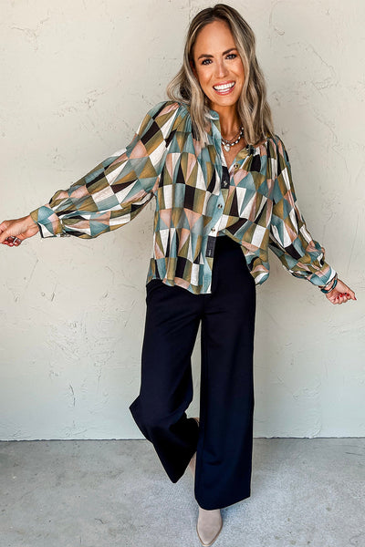 Stylish Women's Green Geometric Print Balloon Sleeve Shirt - Casual Loose Fit Top for Effortless Comfort