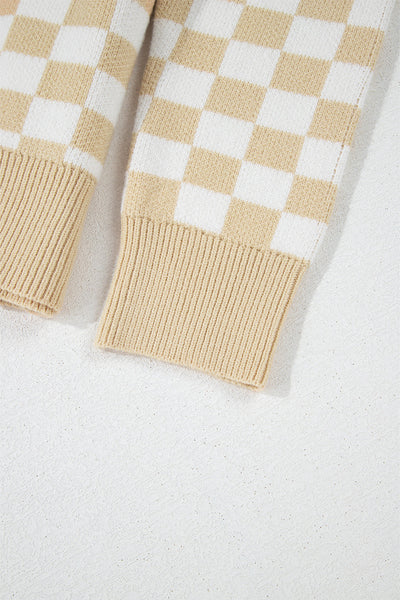 Cozy Women's Apricot Checkered V-Neck Sweater with Button Details & Drop Shoulder for Effortless Style