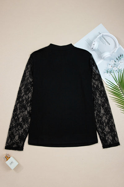 Trendy Women's Plus Size Black Sheer Long Sleeve Top with Lace Details and Asymmetric Cut for Effortless Style