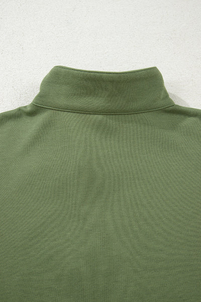Women's Vineyard Green Contrast Striped Zip Collar Pullover Sweatshirt with Patchwork Design for Cozy Style