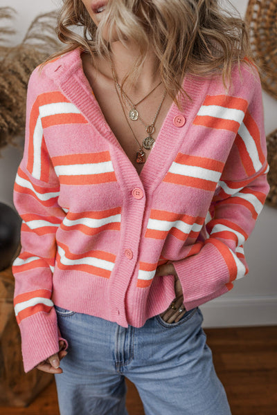 Women's Striped Pink Viscose Blend Drop Shoulder Cardigan
