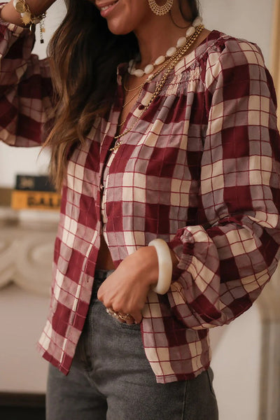Women's Chic Wild Ginger Plaid Puff Sleeve Shirt with Shirred Detail - Stylish Round Neck Top for Effortless Style