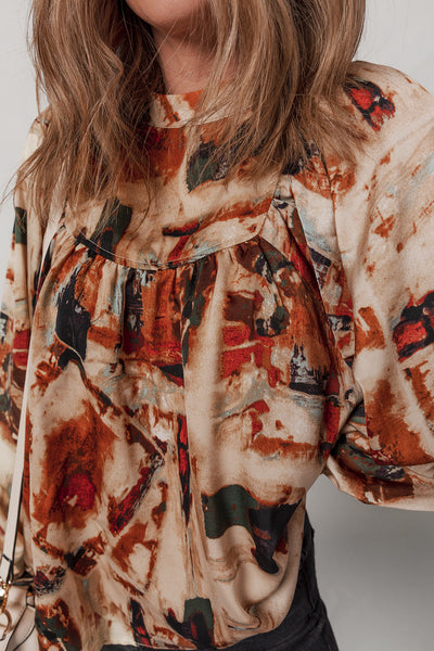 Trendy Women's Multicolor Retro Abstract Blouse with Zip Back and Long Puff Sleeves for Casual Chic Outfits